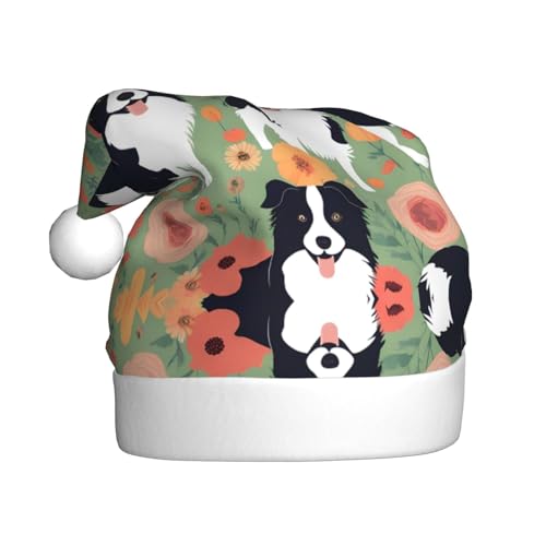 WHJYYXDE Weihnachtsmütze für Erwachsene – hochwertiger Stoff mit weichem Stoff für Feiertage, Partys, Border Collie, Blumendrucke von WHJYYXDE