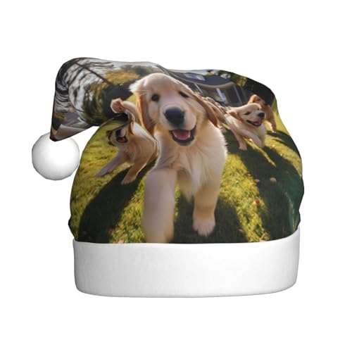 WHJYYXDE Weihnachtsmütze für Erwachsene – hochwertiger Stoff mit weichem Stoff für Feiertage, Partys, Golden Retriever Welpen Drucke von WHJYYXDE