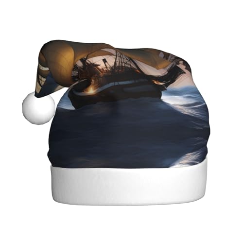 WHJYYXDE Weihnachtsmütze für Erwachsene – hochwertiger Stoff mit weichem Stoff für Feiertage, Partys, Piraten-Segelboot-Vollmond-Drucke von WHJYYXDE