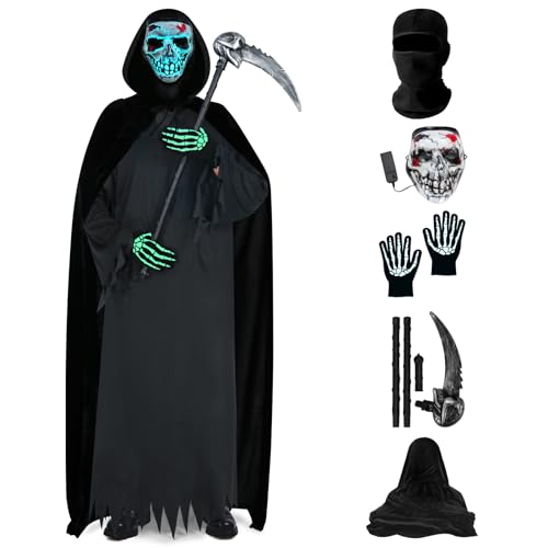 WIAZZLUK Halloween Sensenmann Kostüm mit LED Totenkopf Maske/Leuchtendes Totenkopf Handschuhe/Sensenmann Sense/Cape/Sturmhaube für Männer Frauen, Schwarz von WIAZZLUK