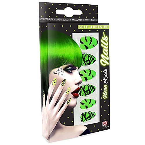 Widmann 05368 - Fingernägel Set Neon Fledermaus, 12 Stück, selbstklebend, Accessoire, Karneval, Mottoparty, Halloween von WIDMANN