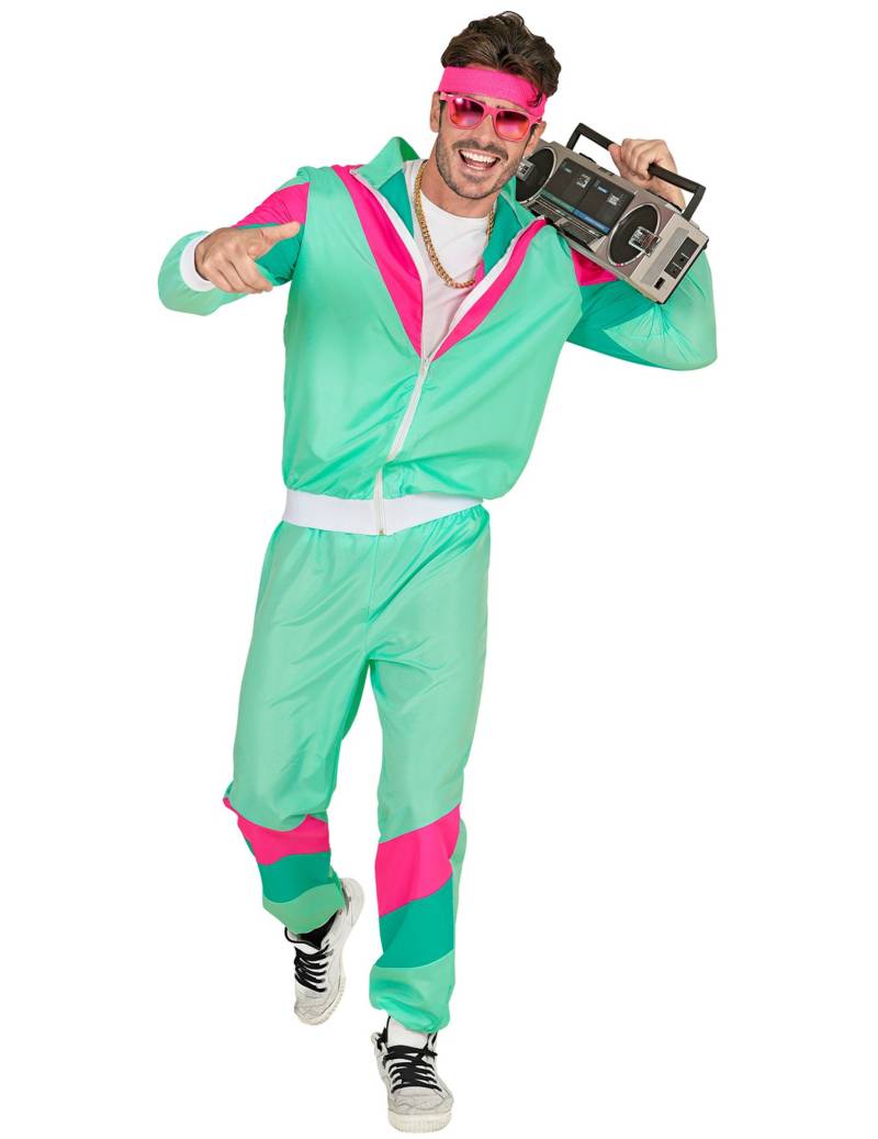 80er-Jogginganzug Retro-Kostüm für Erwachsene grün-rosafarben von WIDMANN