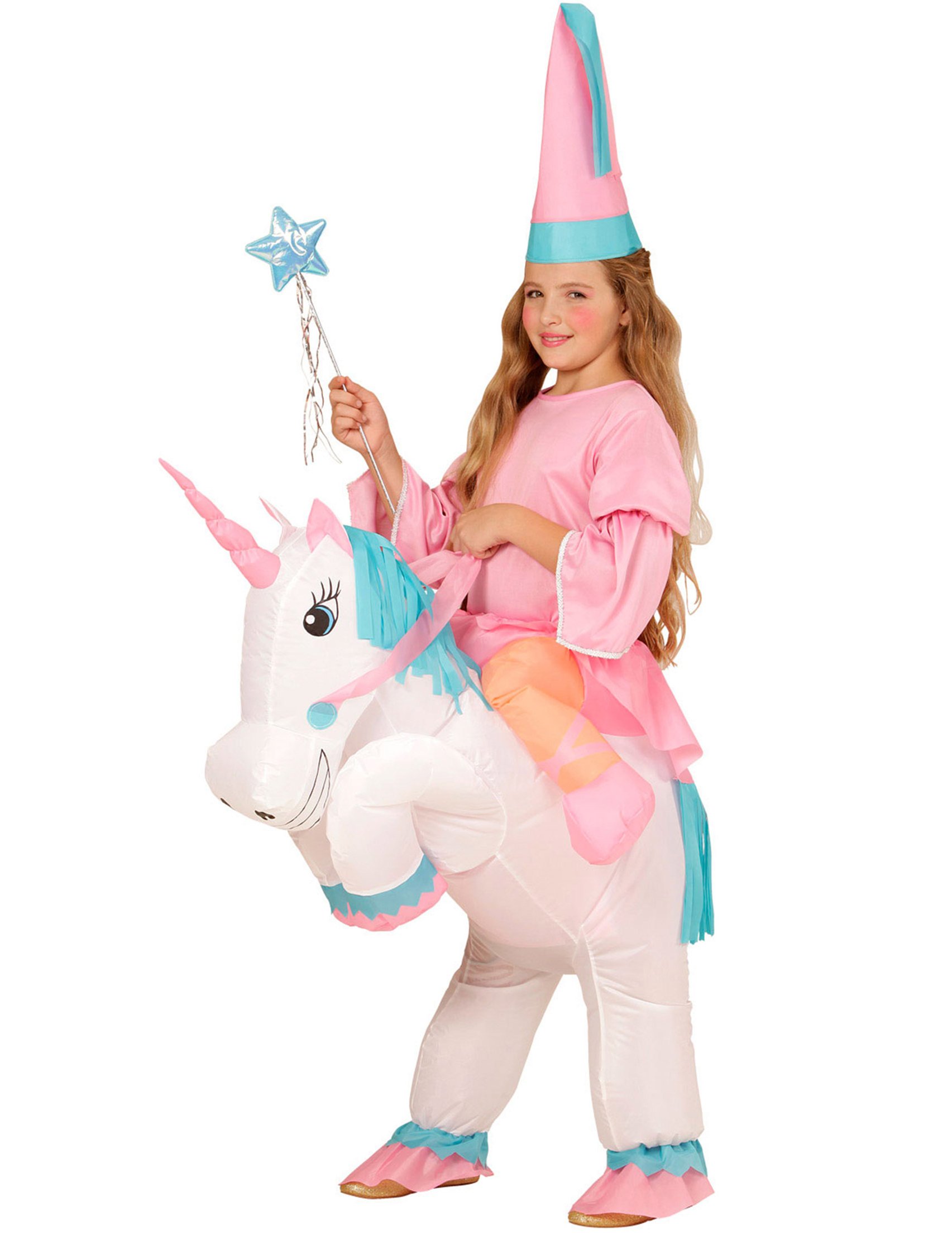 Aufblasbares Prinzessin auf Einhorn Kinderkostüm weiss-rosa-blau von WIDMANN