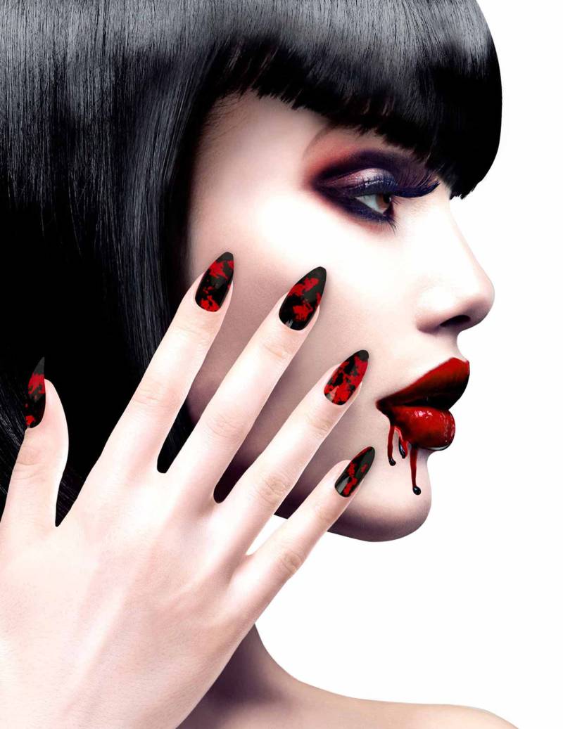Blutige Kunst-Fingernägel Halloween-Accessoire schwarz-rot von WIDMANN