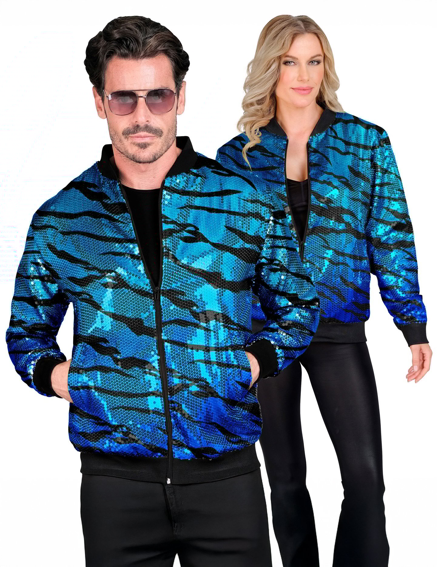 Bomberjacke Tigermuster Pailletten blau Erwachsene von WIDMANN