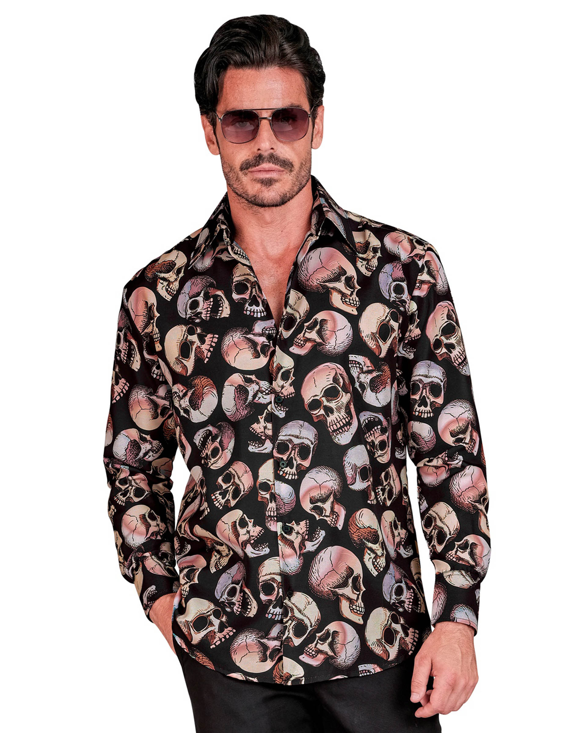 Hemd mit Totenköpfen für Herren Schwarz Halloween von WIDMANN