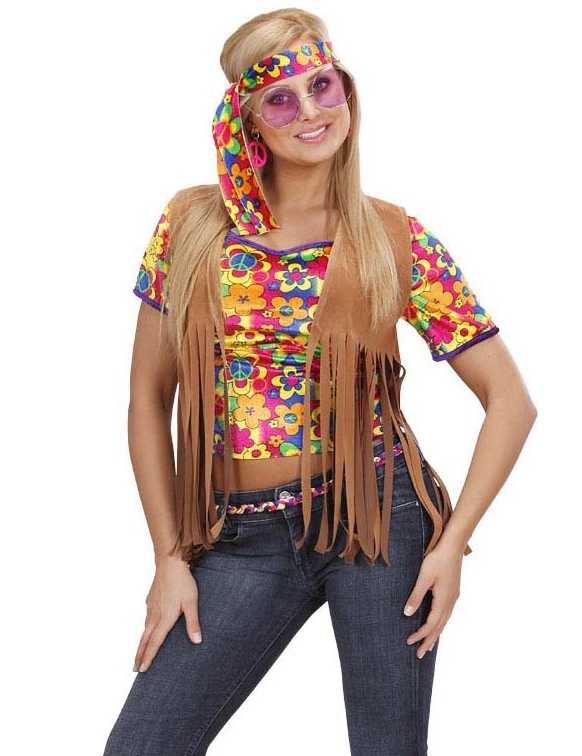 Hippie Damen-Weste mit Fransen und Haarband braun-bunt von WIDMANN