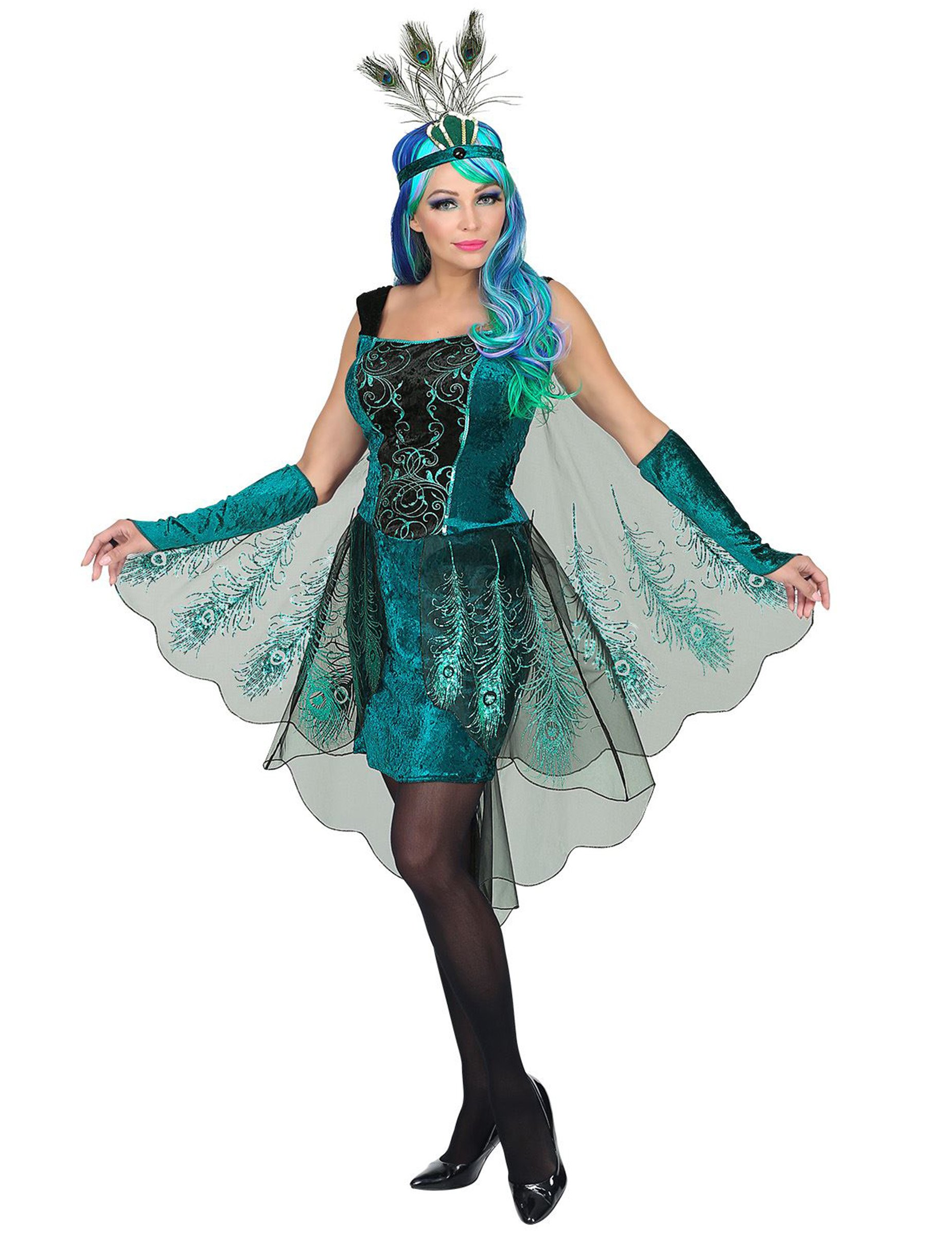 Majestätisches Pfau-Kostüm für Damen Karnevalskostüm türkis-schwarz von WIDMANN