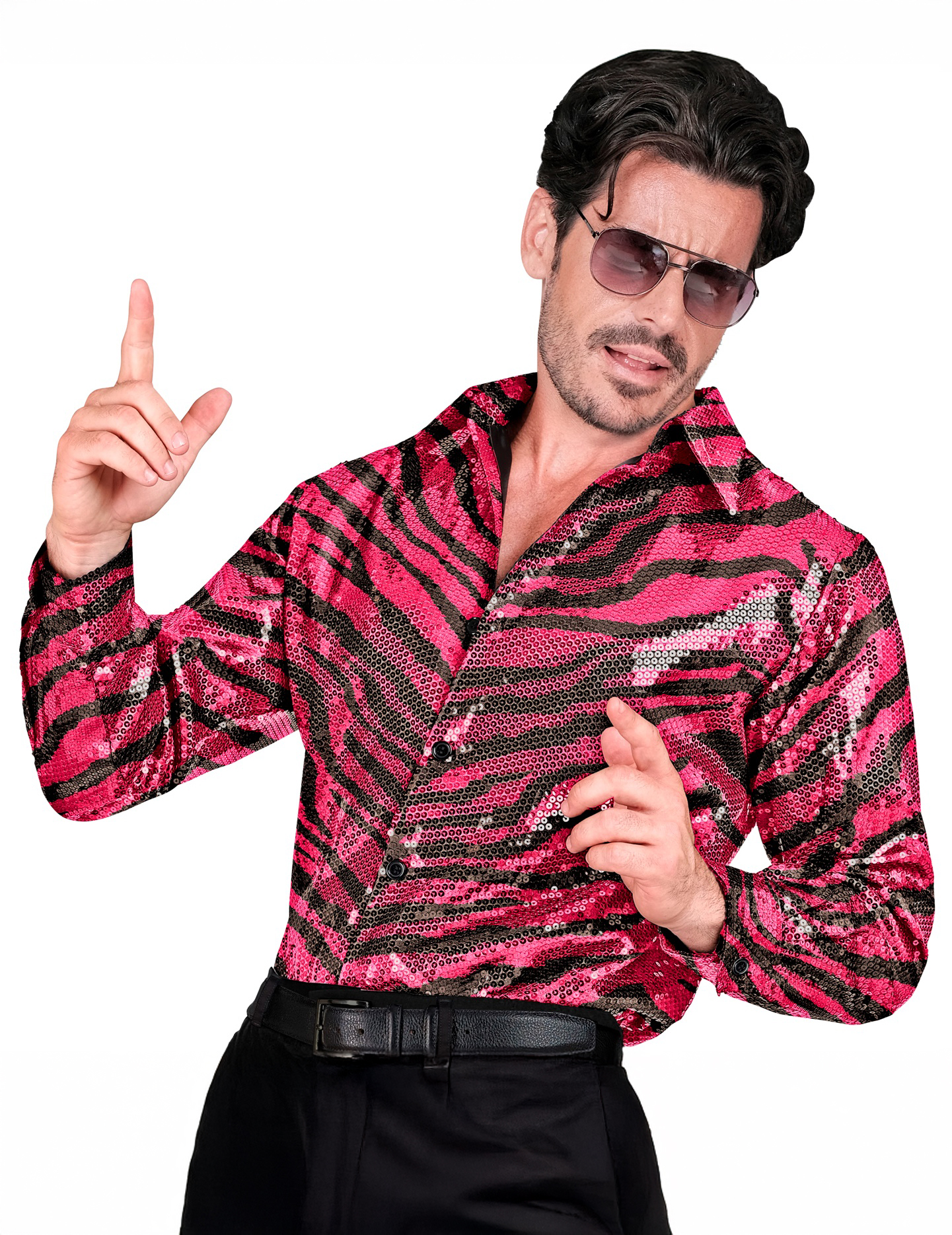 Pailletenhemd mit Tigerpringt pink für Herren Pailletenhemd mit Tigerpringt pink für Herren von WIDMANN