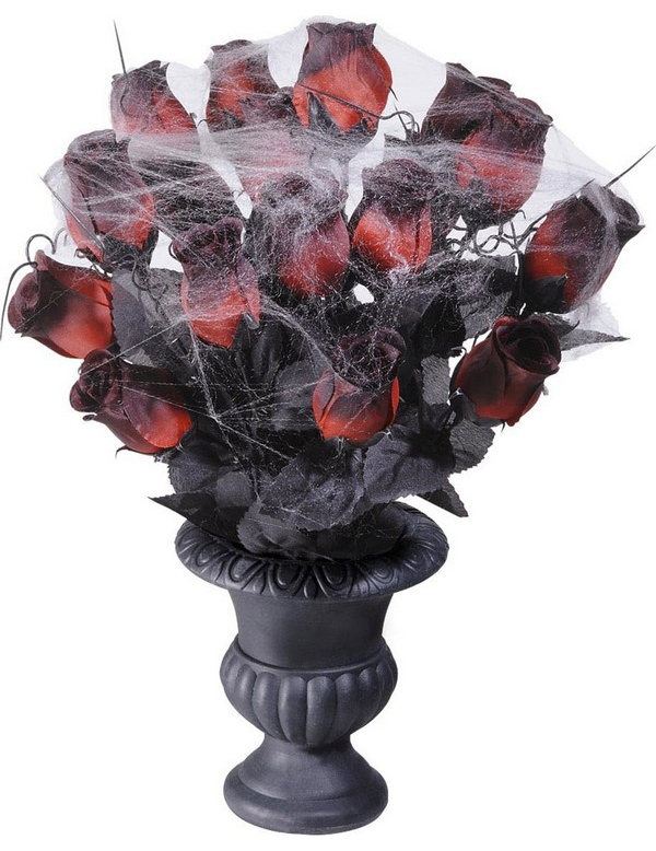 Rote Rosen mit Spinnweben in Vase Halloween-Deko rot-schwarz-grau 35cm von WIDMANN
