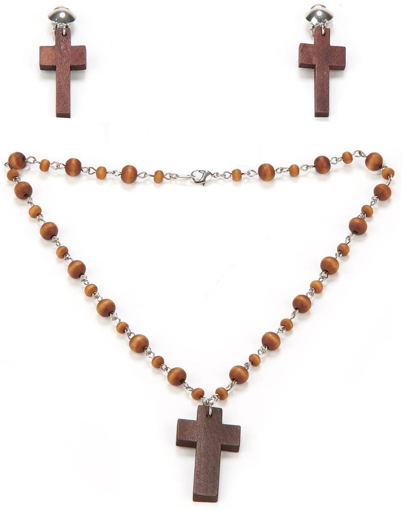 Schmuck-Set Nonne Rosenkranz und Kreuz-Ohrringe braun von WIDMANN