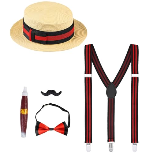 Widmann 68541 - Kostüm-Set Die Wilden 20er, 5-teilig, Strohhut, Hosenträger, Fliege, Schnurrbart und Zigarre, Charleston, Gangster, Mafia-Boss, Accessoires, Karneval, Verkleidung, Mottoparty von WIDMANN MILANO PARTY FASHION