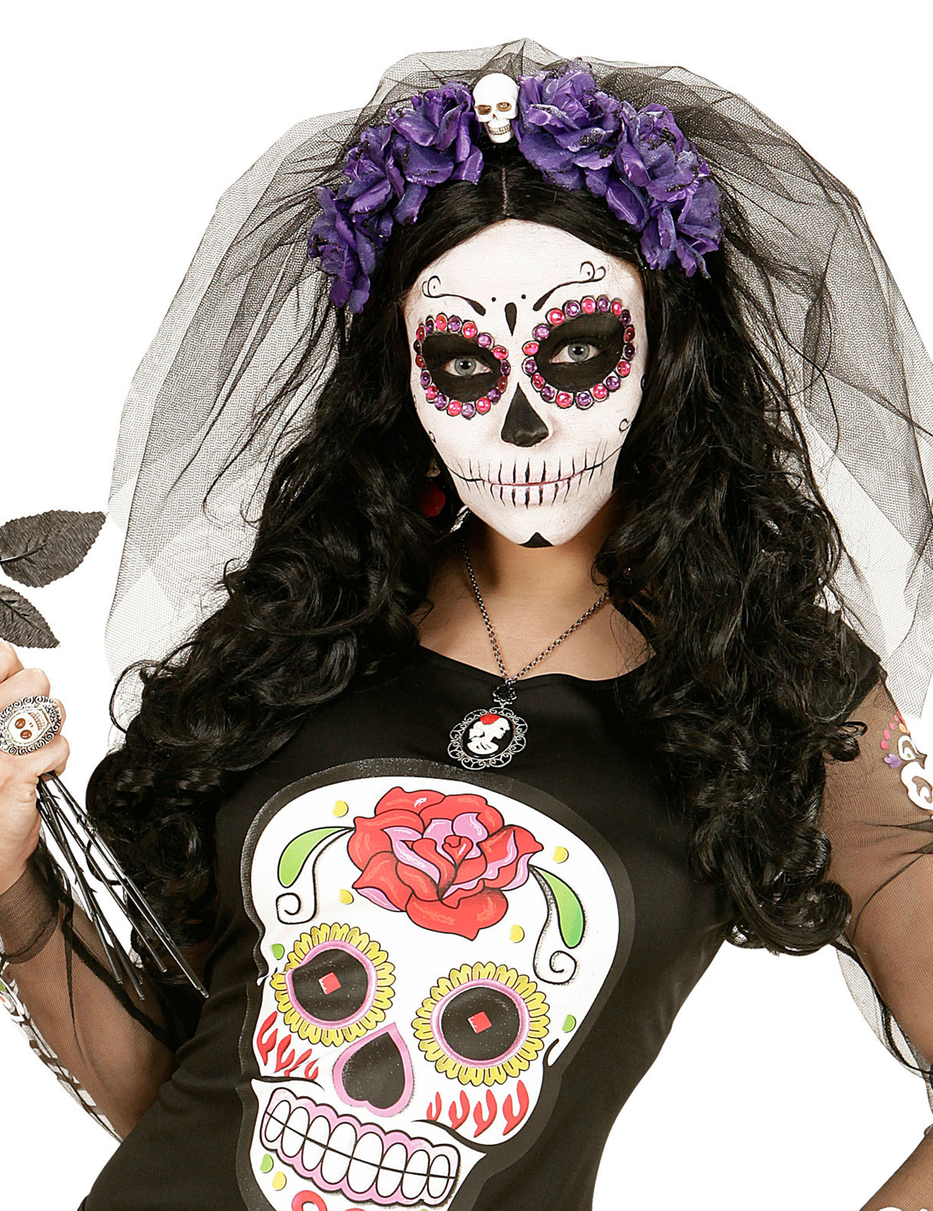 Tag der Toten Haarreif mit Totenkopf und Schleier schwarz-lila Tag der Toten Haarreif mit Totenkopf und Schleier schwarz-lila von WIDMANN