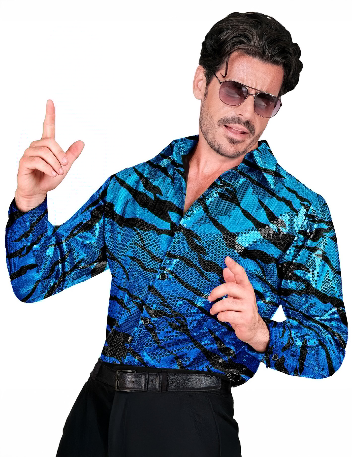 Tigermuster Pailettenhemd für Herren blau von WIDMANN