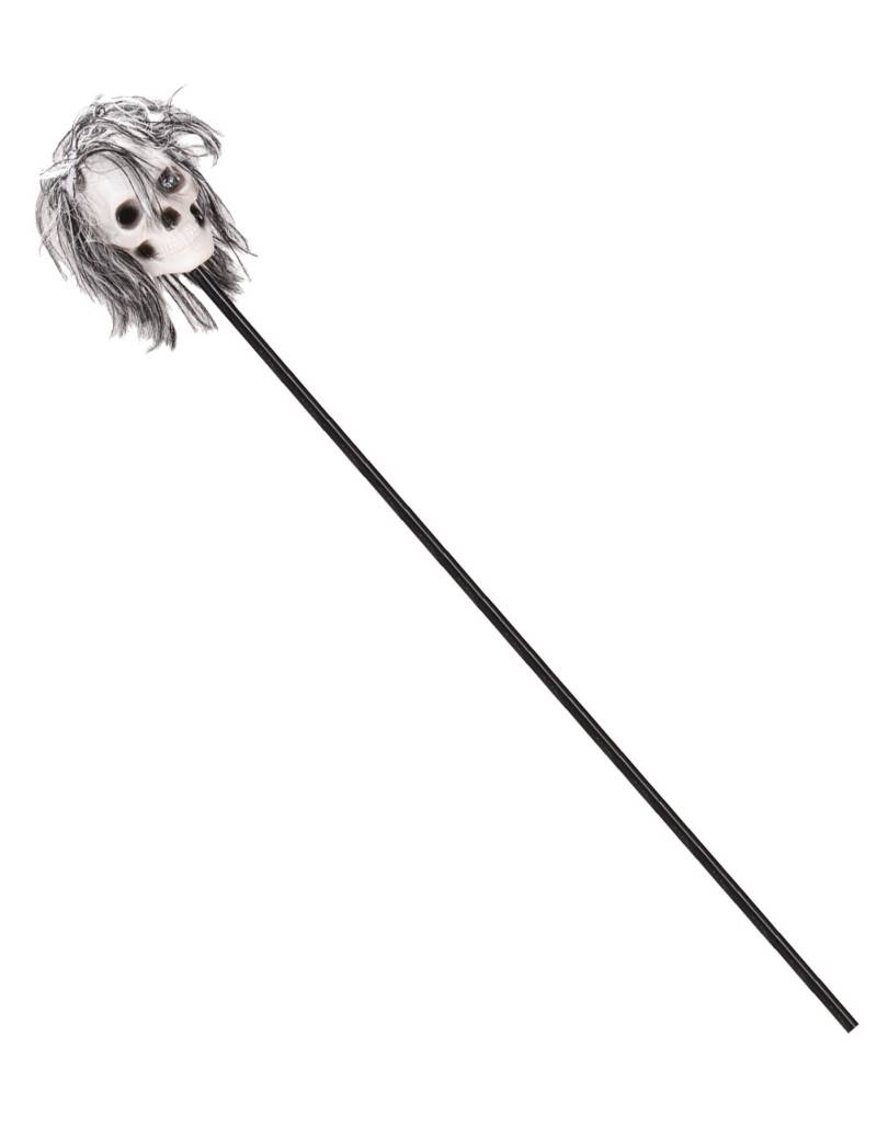 Totenschädel-Stab Halloween-Gehstock mit Haaren schwarz-weiss 120cm von WIDMANN