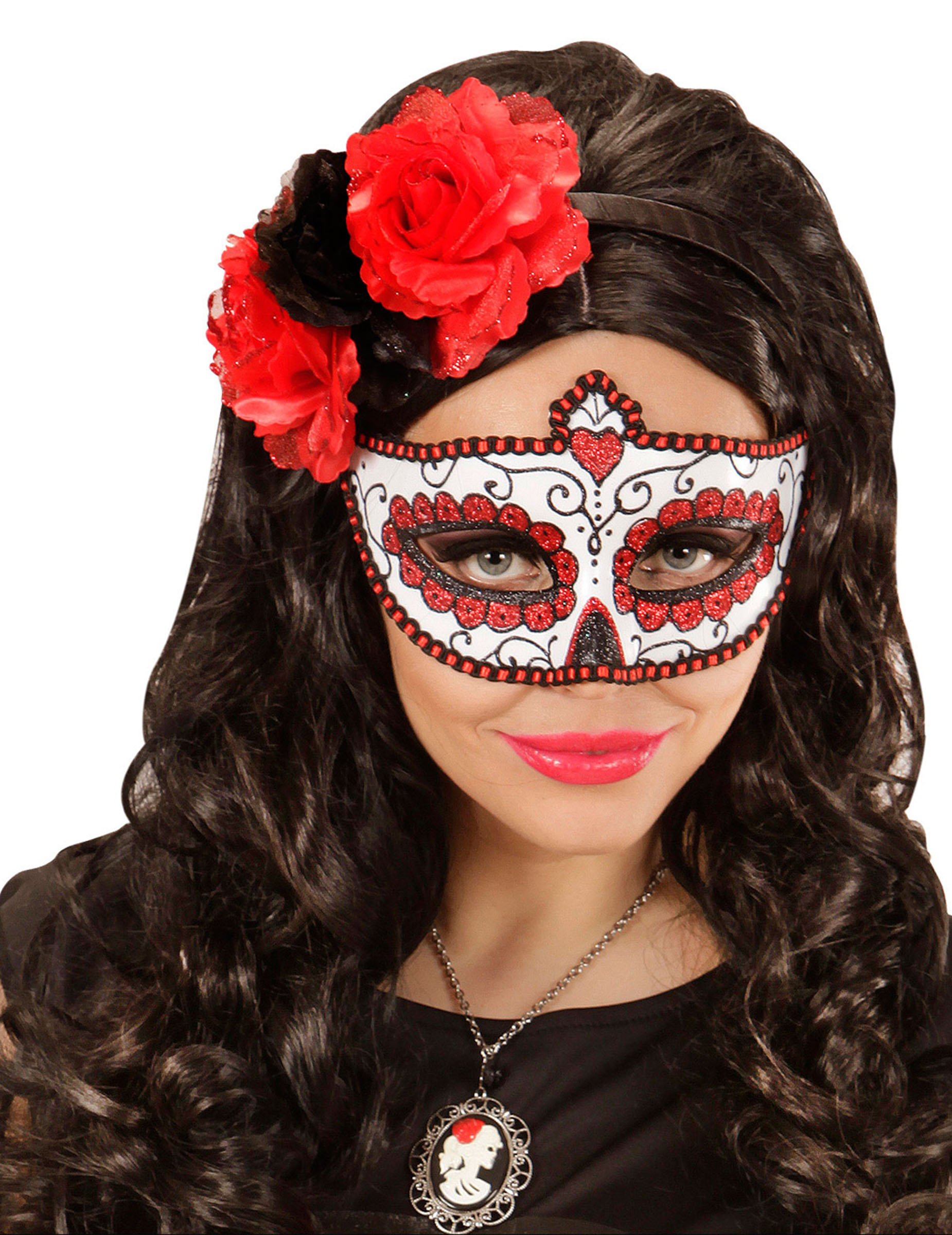 Verzierte Tag-der-Toten-Maske mit Glitzereffekt weiss-rot-schwarz Verzierte Tag-der-Toten-Maske mit Glitzereffekt weiss-rot-schwarz von WIDMANN