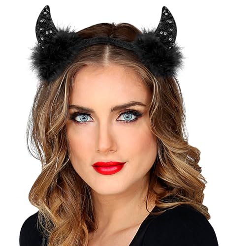 W WIDMANN MILANO Party Fashion - Teufelshörner auf Haarreif mit Pailletten und Federn, Halloween, Karneval, Teufel, Haarschmuck, Kostümaccessoire, Junggesellenabschied von WIDMANN
