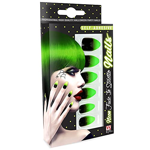 Widmann 05366 - Fingernägel Set, 12 Stück, Grün-Schwarz, selbstklebend, Accessoire, Karneval, Mottoparty, Halloween von Widmann