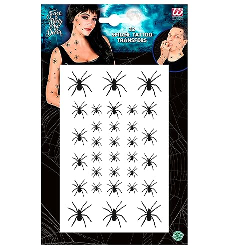 Widmann 40887 - Spinnen-Tattoos im Set, 32-teilig, für Gesicht und Körper, schwarze Spinnen in 3 Größen, Make-Up, Schminke, Sticker, Kostüm, Halloween, Mottoparty von WIDMANN MILANO PARTY FASHION