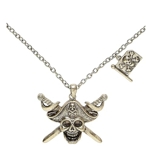 Widmann 46748 - Halskette mit Piratentotenkopf und gekreuzten Schwertern mit Piratenflagge, Schmuck, Halsband, Pirat, Karneval, Mottoparty, Metallic von WIDMANN