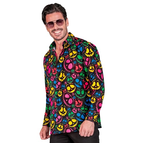 WIDMANN MILANO PARTY FASHION - Geister Hemd Herren, schwarz mit neonfarbenen Gespenstern, leuchtet unter UV-Licht, Halloween Verkleidung von WIDMANN MILANO PARTY FASHION