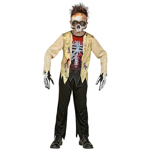 Widmann - Kinderkostüm Zombie-Skelett, 3-teilig, Oberteil, Hose und Maske, Totenkopf, Knochen, blutverschmiert, Horror, Psycho, Killer, Kostüm, Verkleidung, Mottoparty, Karneval, Halloween von WIDMANN MILANO PARTY FASHION