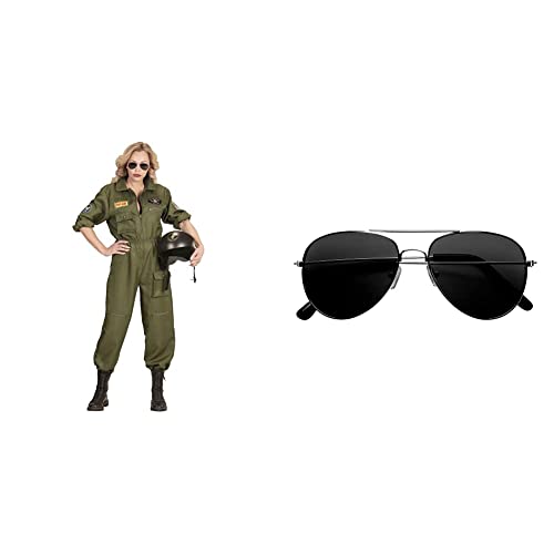 Widmann - Kostüm Kampfjet-Pilotin, Overall, Flieger Ass, Uniform, Karneval, Motto-Party & 6861C - Pilotenbrille mit getönten Gläsern, Pilot, Flugbegleiter, Motto-Party, Karneval von Widmann