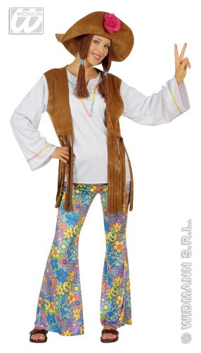 Widmann - Kostüm Woodstock Hippiefrau, Bluse mit Weste, Hose und Hut mit Haaren, Fasching von WIDMANN