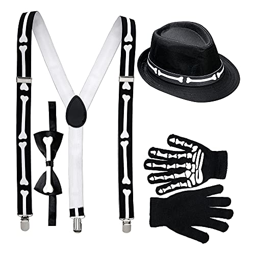 Widmann - Verkleidungsset Skelett, Hosenträger, Fliege, Handschuhe und Hut, Halloween, Karneval, Mottoparty von WIDMANN