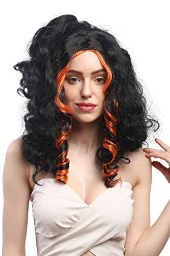 WIG ME UP - 31703-P103-24 Perücke Damen Fasching Karneval Halloween Cosplay Vamp Vampirin Volumen Mittelscheitel Lang Lockig Schwarz orange Strähnen von WIG ME UP