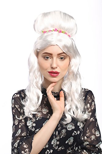 WIG ME UP - 31797-P68 Perücke Damen Fasching Karneval Weiß Weißblond Hochsteckfrisur Blumenspange lang Prinzessin Adlige Fee Barock Rokoko von WIG ME UP