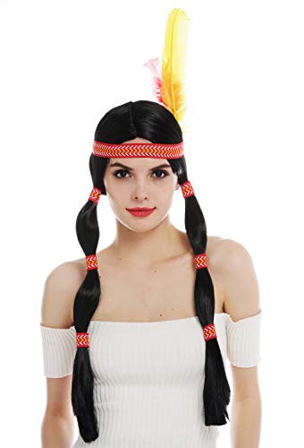 WIG ME UP - 6081-P103 Perücke Damenperücke Karneval lang Indianerin Indianer-Frau Wilder Westem Zöpfe schwarz Stirnband Feder von WIG ME UP