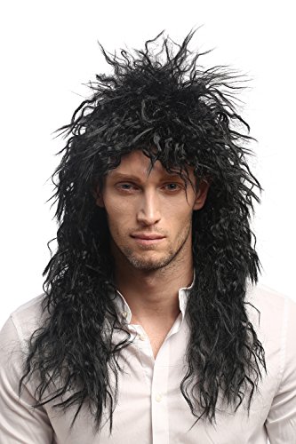 WIG ME UP - 90750-ZA103 Perücke Damen Herren Karneval Halloween Wilde Schwarz Mähne Kink Locken Volumen Latina Fußballspieler Vokuhila Proll 50 cm von WIG ME UP