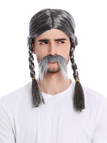WIG ME UP - 91099-ZA63/ZA103 Perücke & Bart Herren Karneval Halloween Grau Geflochtene Zöpfe Gallier Germane Barbar Kelte Wikinger Normanne Barde von WIG ME UP