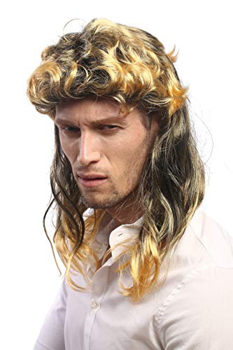 WIG ME UP - AD-017-P103T35 Perücke Damen Herren Karneval Vokuhila Mullet Proll 80er Schwarz Blond Goldblond gelockt glatt gesträhnt von WIG ME UP