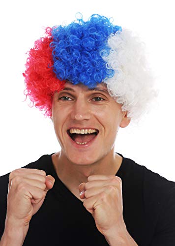 WIG ME UP - MMAM-15M Perücke Karneval Clown Kraus Locken Krauskopf Rot Blau Weiß Afro Fan-Perücke von WIG ME UP