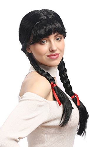 WIG ME UP - XR-008-P103 Perücke Damen Karnveval Fasching Cosplay Zöpfe geflochten mit Schleifen Pony Schulmädchen Lolita Schwarz ca. 60 cm WIG ME UP - XR-008-P103 Perücke Damen Karnveval Fasching Cosplay Zöpfe geflochten mit Schleifen Pony Schulmädchen Lolita Schwarz ca. 60 cm von WIG ME UP