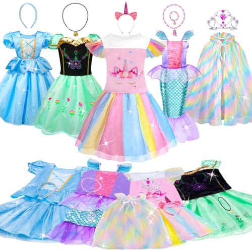 WIKITOT Prinzessin Kleid Mädchen, 5 Set Prinzess Kostüm Mädchen mit Prinzessin Krone, Prinzessi Cape für mädchen 3-8 Jahre, Prinzessine Faschingskostüme Spielzeug für Geburtstag, Karneval, Cosplay von WIKITOT