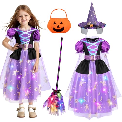 WIKITOT Hexenkostüm für Kinder, leuchtendes Halloween-Kostüm für Mädchen, Kinder, Verkleidung mit Zubehör von WIKITOT