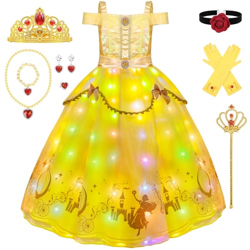 WIKITOT Leuchtendes Prinzessin Kleid Mädchen, 11 Stück Gelb Prinzessin Kostüm Mädchen mit Rosen-Kropfband für 3-10 Jahre, Faschingskostüme Kinder für Karneval,Halloween,Geburtstag,Cosplay von WIKITOT