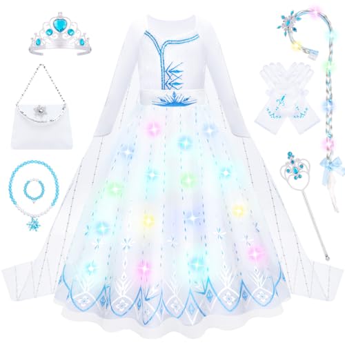 WIKITOT Leuchtendes Prinzessin Kleid Mädchen, 9 Stück Prinzessin Kostüm Mädchen mit Umhang für 3-10 Jahre, Faschingskostüme Kinder für Karneval,Halloween,Geburtstag,Cosplay von WIKITOT