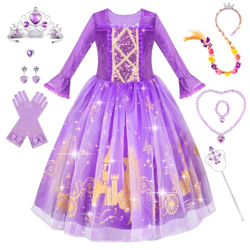 WIKITOT Lila Prinzessin Kleid Mädchen, 11 Pcs Prinzessine Kostüm mit Krone, Perücke für Mädchen 3-10 Jahre, Kinder Prinzess Role Play für Fasching, Halloween, Geburtstag, Hochzeit von WIKITOT