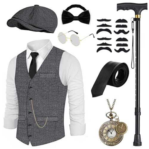 20er Jahre Kostüm Herren Weste mit Accessories, Faltbare Krücke Taschenuhr Bart Barett Gläser, Krawatte, Fliege, für Mafia Kostüm 1920S Gangster Peaky Blinders Karneval Halloween Mottoparty von WILDPARTY