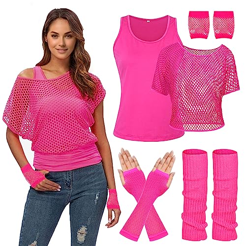 80er 90er Jahre Outfit Damen, Netzshirt, Tank top, Beinwärmer, Netzhandschuhe, Kostüm 80er Jahre Netzoberteil Damen Tops Neon Shirt 80s Aerobic Outfit Kleidung Mottoparty Accessoires Frauen von WILDPARTY