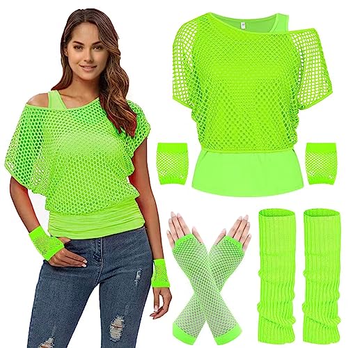 80er 90er Jahre Outfit Damen, Netzshirt, Tank top, Beinwärmer, Netzhandschuhe, Kostüm 80er Jahre Netzoberteil Damen Tops Neon Shirt 80s Aerobic Outfit Clothes-80SVest von WILDPARTY