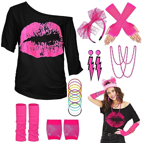 80er 90er Jahre Outfit Damen, T-Shirt, Beinwärmer, Stirnband, Ohrring, Halskette, Netzhandschuhe, 80er 90er Jahre Kostüm Mottoparty Accessoires Kleidung Neon Party Karneval JD-80SMouth-Pink-M von WILDPARTY