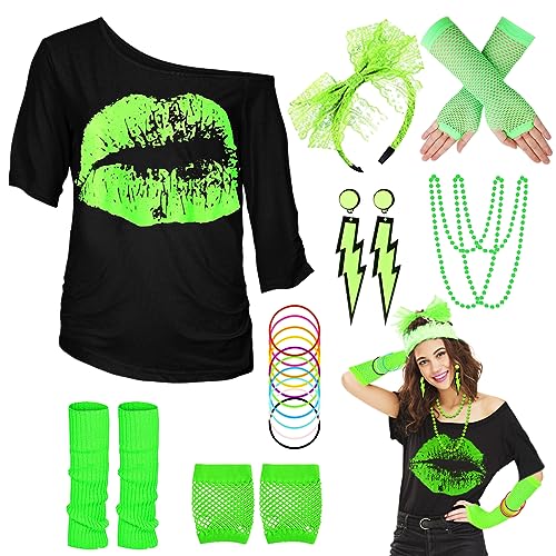 WILDPARTY 80er 90er Jahre Outfit Damen, T-Shirt, Beinwärmer, Stirnband, Ohrring, Halskette, Netzhandschuhe, 80er 90er Jahre Kostüm Mottoparty Accessoires Kleidung Neon Party Karneval Fasching JD von WILDPARTY