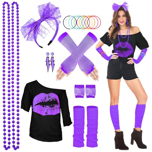 WILDPARTY 80er 90er Jahre Outfit Damen, T-Shirt, Beinwärmer, Stirnband, Ohrring, Halskette, Netzhandschuhe, 80er 90er Jahre Kostüm Mottoparty Accessoires Kleidung Neon Party Karneval JD von WILDPARTY