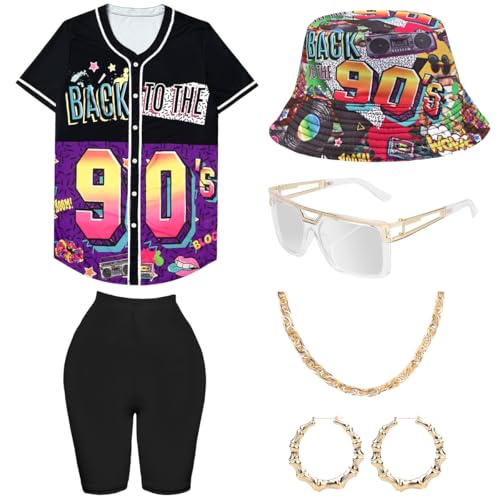 WILDPARTY 80er 90er Jahre Outfit Damen, Hip Hop Kostüm Lockere Oberteile Yoga Hose Fischerhüte Gläser Ohrringe Halskette, 1980 Accessoires Bunte Rapper Shirt Karneval Mottoparty Bad Taste von WILDPARTY