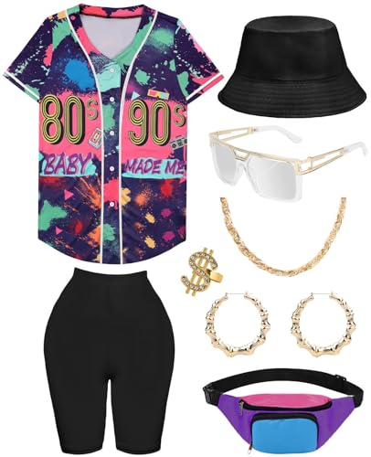 80er 90er Jahre Outfit für Damen, Baseball-Trikot, Shirt, Shorts, Bauchtasche, Retro-Party, Kostüm, Repper Zubehör, Blau dunkel, XXL 80er 90er Jahre Outfit für Damen, Baseball-Trikot, Shirt, Shorts, Bauchtasche, Retro-Party, Kostüm, Repper Zubehör, Blau dunkel, XXL von WILDPARTY